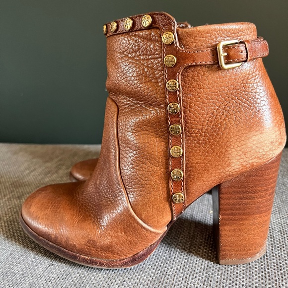 TORY BURCH Caramel Brown Leather Studded Ankle Boots - Picture 4 of 9